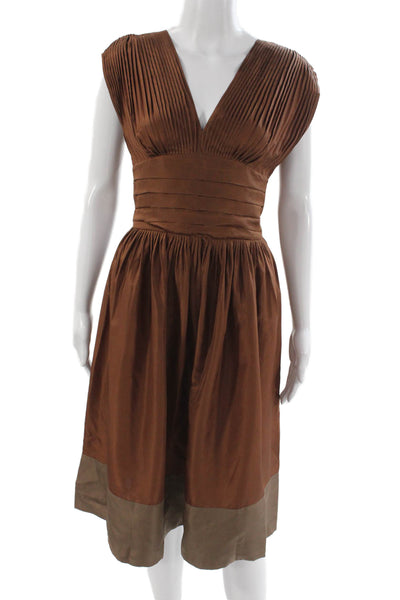 BCBGMAXAZRIA Womens A-Line Silk VNeck Sleeveless Brown Knee Length Dre