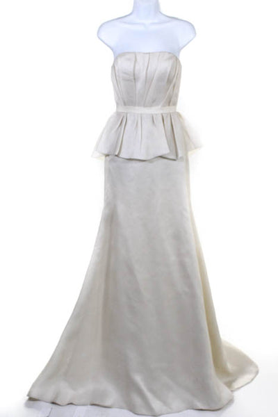 Rafael Cennamo White Couture  Beige Strapless Pleated Peplum Bridal Gown Size 4