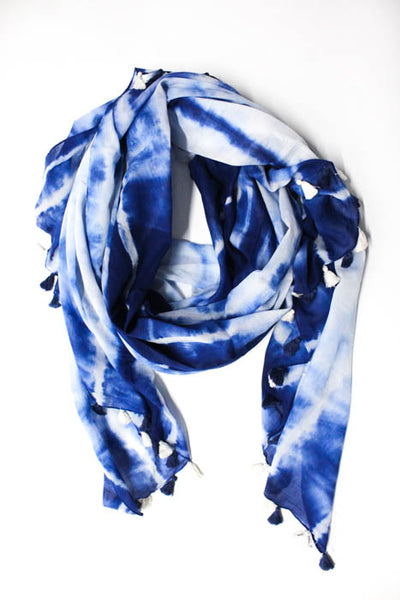Joelle White Blue Tie Dye Fringe Scarf New $65