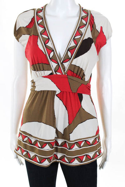 BCBGMAXAZRIA Beige Red Silk Abstract Sleeveless V Neck Blouse Size Small