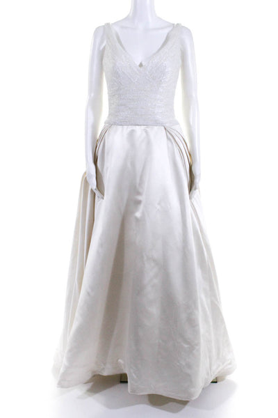 Peter Langner Womens Beaded A-Line Full Length Wedding Gown White Size EUR 44