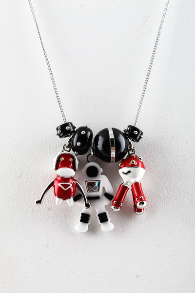 Prada 2018 Silver Tone Astronaut Crystal Charm Necklace Silver Red Black