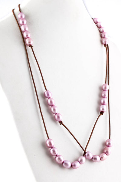 Designer Womens Pearl Leather Long Strand Necklace Pink
