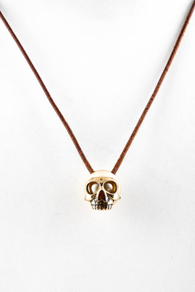 Designer Womens Leather Pearl Gold Tone Skull Necklace Gold