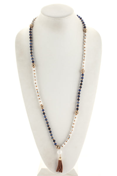 Marlyn Schiff White Turquoise Lapis Lazuli Beaded Tasseled Necklace $128 NEW