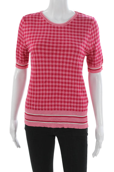 Zara Women Pink Checked Viscose Crew Neck Pullover Sweater Short Sleeve Size M