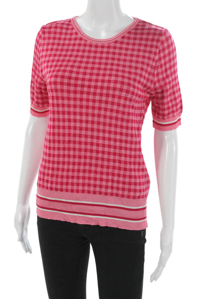 Zara Women Pink Checked Viscose Crew Neck Pullover Sweater Short Sleeve Size M