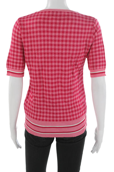 Zara Women Pink Checked Viscose Crew Neck Pullover Sweater Short Sleeve Size M