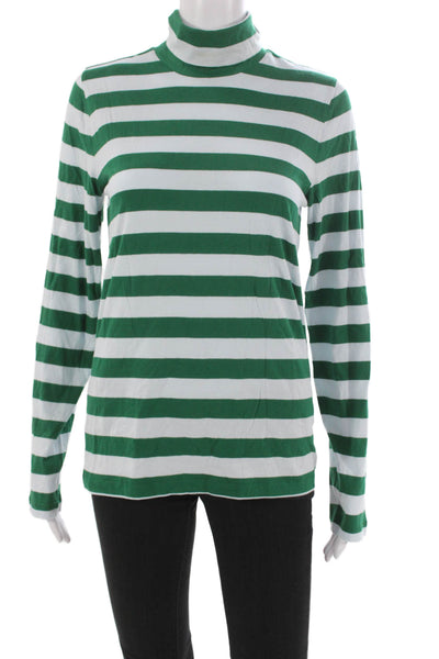J Crew Women Basic Green Striped Cotton Turtleneck Long Sleeve T-Shirt Size M