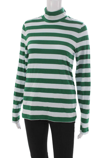 J Crew Women Basic Green Striped Cotton Turtleneck Long Sleeve T-Shirt Size M