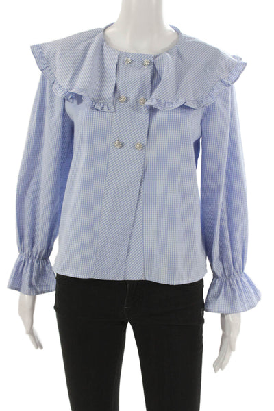 Zara Women Basic Blue Cotton Check Round Neck Long Sleeve Button Blouse Size M