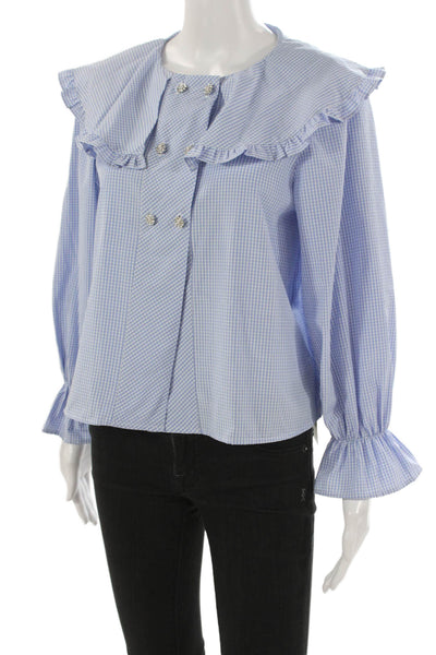 Zara Women Basic Blue Cotton Check Round Neck Long Sleeve Button Blouse Size M