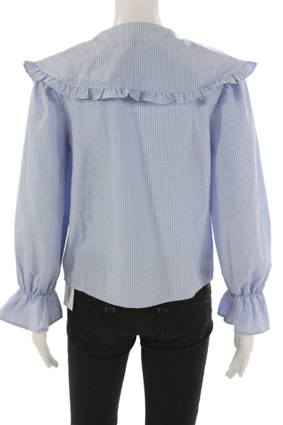 Zara Women Basic Blue Cotton Check Round Neck Long Sleeve Button Blouse Size M