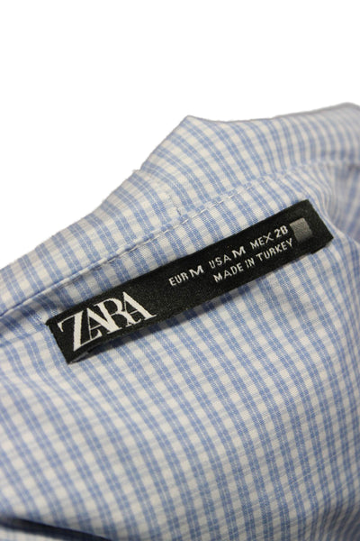Zara Women Basic Blue Cotton Check Round Neck Long Sleeve Button Blouse Size M