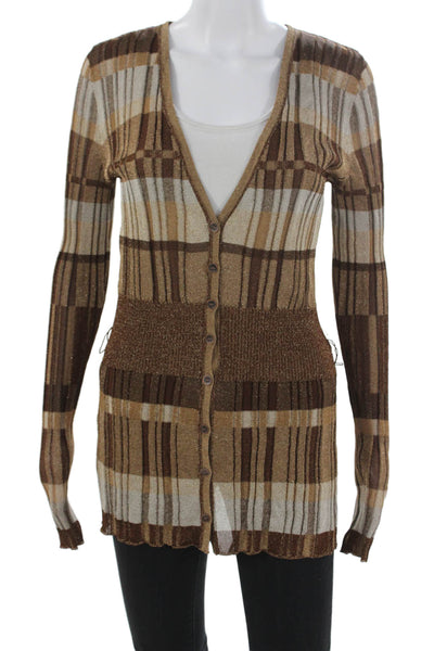 Dana Buchman Women Cardigan Plaid V-Neck Long Sleeve Brown Size L