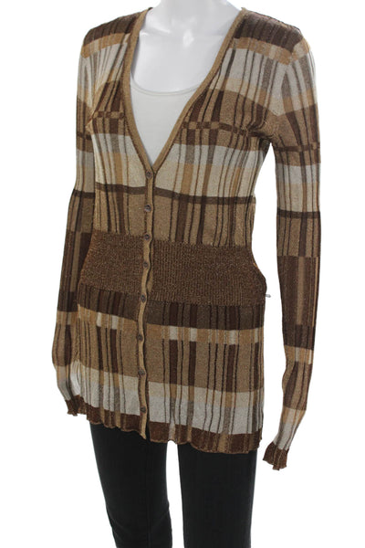 Dana Buchman Women Cardigan Plaid V-Neck Long Sleeve Brown Size L
