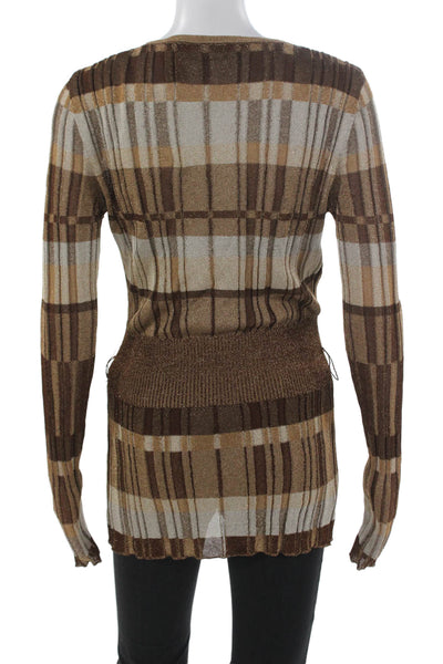 Dana Buchman Women Cardigan Plaid V-Neck Long Sleeve Brown Size L