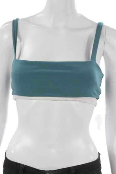FORM Womens Stretch Knit Square Neck Layered Sports Bra Teal White Size Small