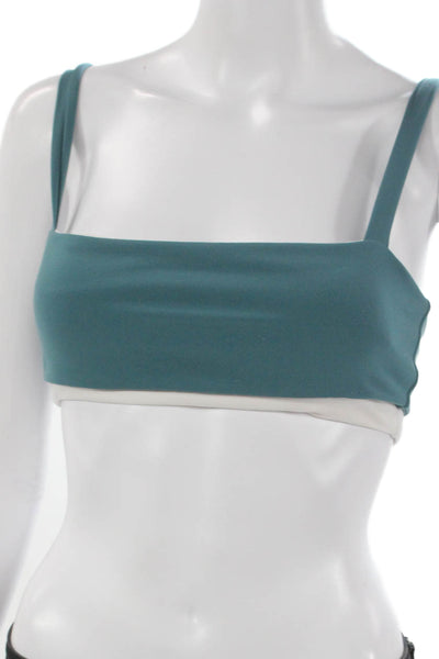 FORM Womens Stretch Knit Square Neck Layered Sports Bra Teal White Size Small