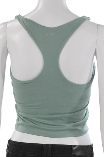 Set Women Cropped Tank Green Square Neck Sleeveless Polyester Spandex Size S