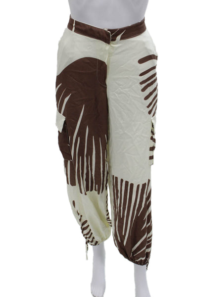 Palmacea Women Cargo Pants Ivory Floral Rayon Zip Tropical Size M