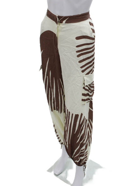 Palmacea Women Cargo Pants Ivory Floral Rayon Zip Tropical Size M