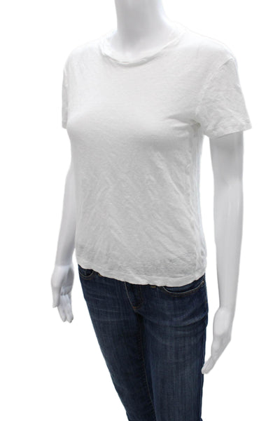 Vince Women Basic Linen Crew Neck Short Sleeve T-Shirt White Size S