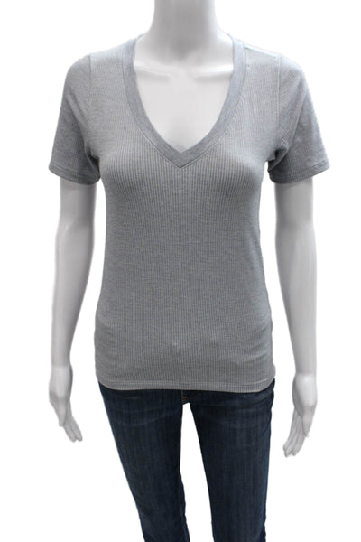 Athleta Women Basic Striped V-Neck Short Sleeve T-Shirt Gray Size S