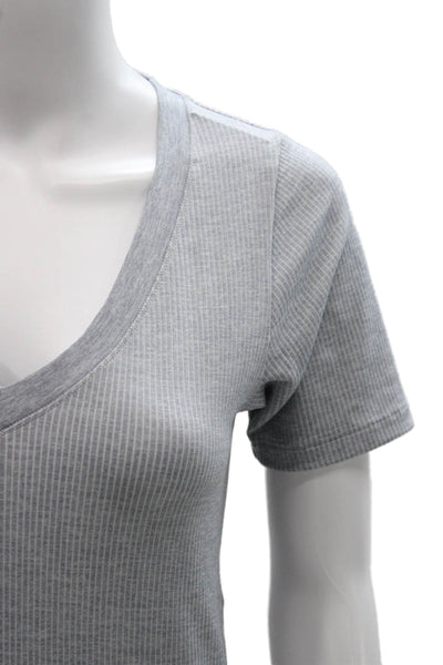 Athleta Women Basic Striped V-Neck Short Sleeve T-Shirt Gray Size S