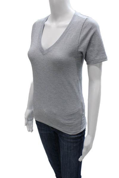 Athleta Women Basic Striped V-Neck Short Sleeve T-Shirt Gray Size S