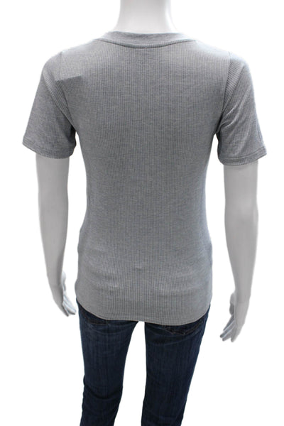 Athleta Women Basic Striped V-Neck Short Sleeve T-Shirt Gray Size S