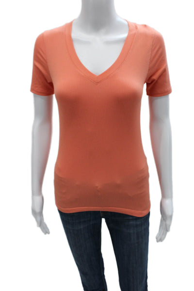 Athleta Women Orange Striped V-Neck T-Shirt Short Sleeve Size XS