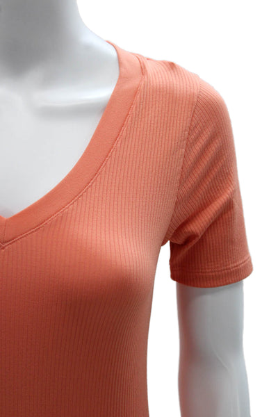 Athleta Women Orange Striped V-Neck T-Shirt Short Sleeve Size XS