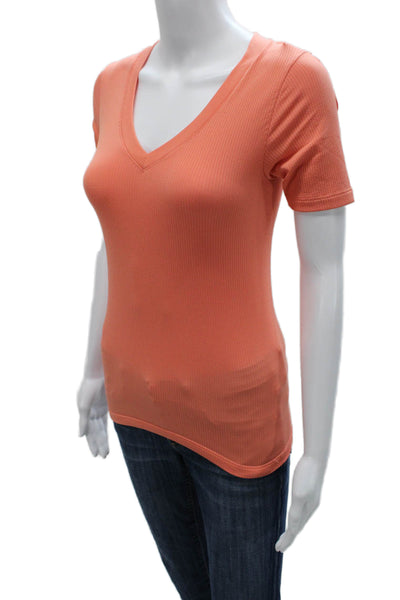Athleta Women Orange Striped V-Neck T-Shirt Short Sleeve Size XS