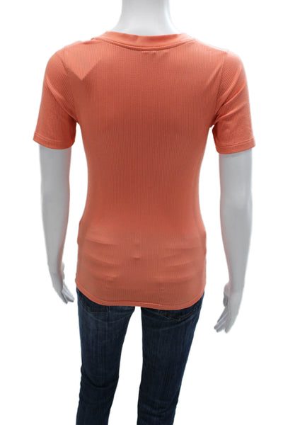 Athleta Women Orange Striped V-Neck T-Shirt Short Sleeve Size XS