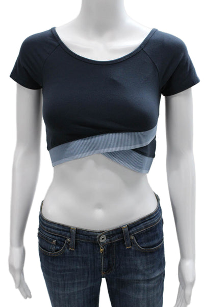 Beyond Yoga Womens Cropped Scoop Neck Short Sleeve T-Shirt Blue Nylon Size S