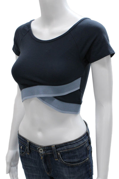 Beyond Yoga Womens Cropped Scoop Neck Short Sleeve T-Shirt Blue Nylon Size S