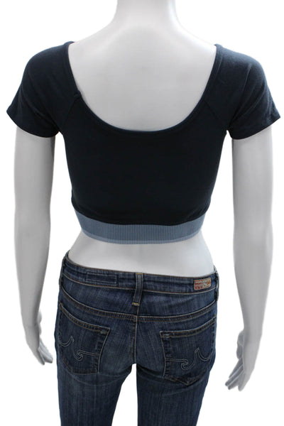 Beyond Yoga Womens Cropped Scoop Neck Short Sleeve T-Shirt Blue Nylon Size S