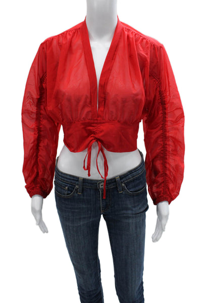 Michi Women Cropped Blouse Red V-Neck Tie Long Sleeve Solid 73% Polyamide Size S