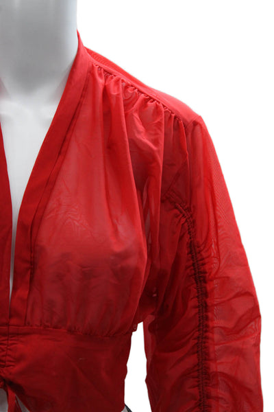 Michi Women Cropped Blouse Red V-Neck Tie Long Sleeve Solid 73% Polyamide Size S
