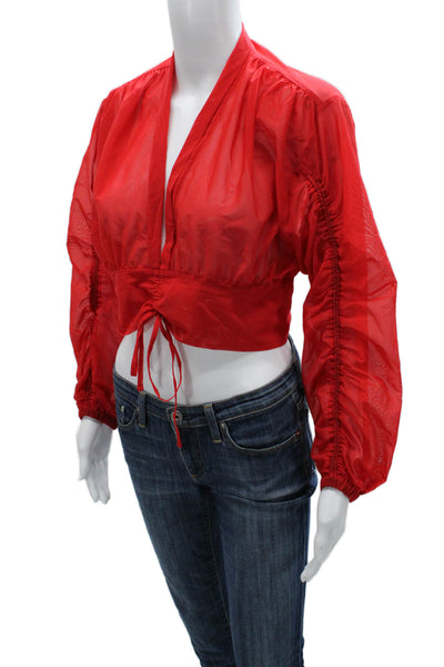 Michi Women Cropped Blouse Red V-Neck Tie Long Sleeve Solid 73% Polyamide Size S