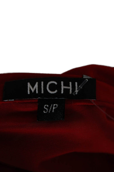 Michi Women Cropped Blouse Red V-Neck Tie Long Sleeve Solid 73% Polyamide Size S
