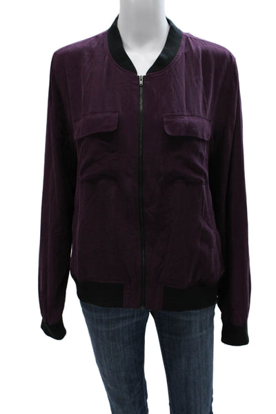 Equipment Femme Womens Bomber Jacket Purple 100% Silk Long Sleeve Size M