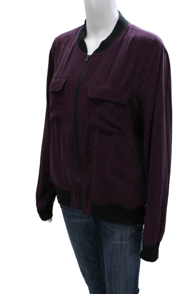 Equipment Femme Womens Bomber Jacket Purple 100% Silk Long Sleeve Size M