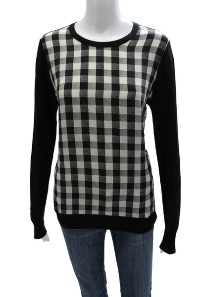 Equipment Femme Women Black Wool Check Crew Neck Pullover Long Sleeve Size M