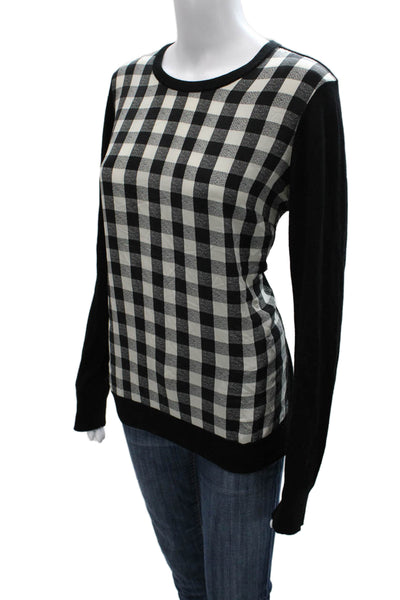 Equipment Femme Women Black Wool Check Crew Neck Pullover Long Sleeve Size M