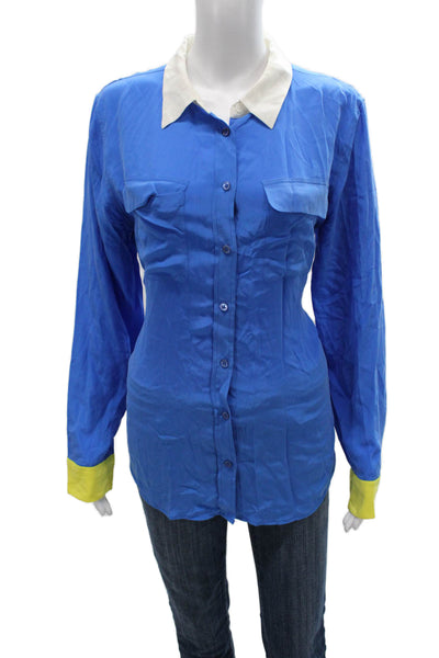 Equipment Femme Womens Silk Collared Long Sleeve Colorblock Blue Blouse Size L