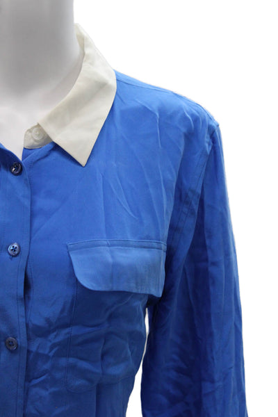 Equipment Femme Womens Silk Collared Long Sleeve Colorblock Blue Blouse Size L