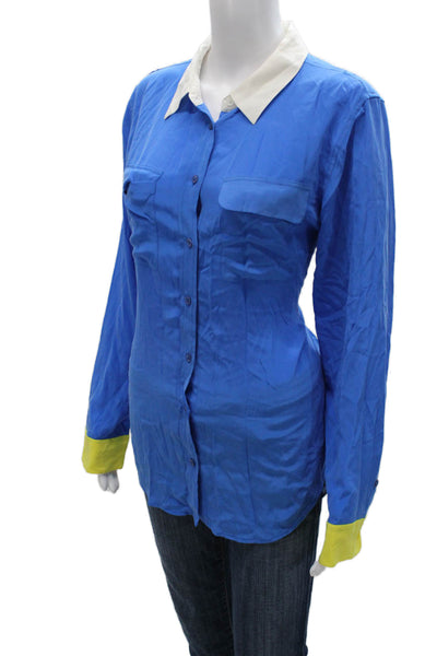 Equipment Femme Womens Silk Collared Long Sleeve Colorblock Blue Blouse Size L