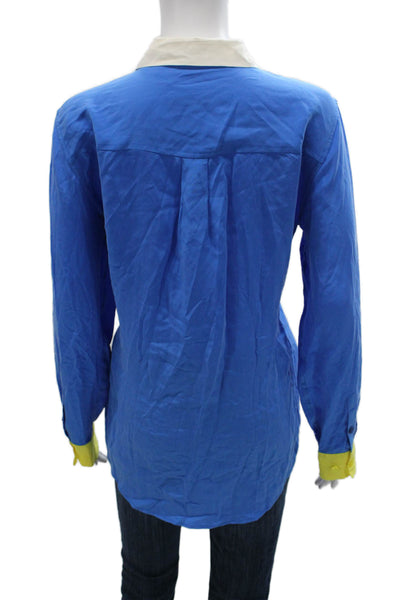 Equipment Femme Womens Silk Collared Long Sleeve Colorblock Blue Blouse Size L